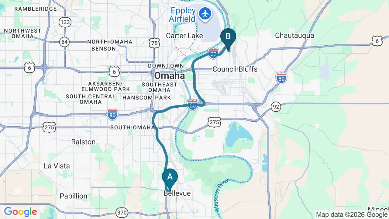 Driving directions map from Bellevue, NE to Schanuth Family Chiropractic in Council Bluffs