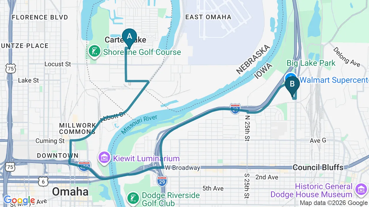 Driving directions map from Carter Lake, IA to Schanuth Family Chiropractic in Council Bluffs