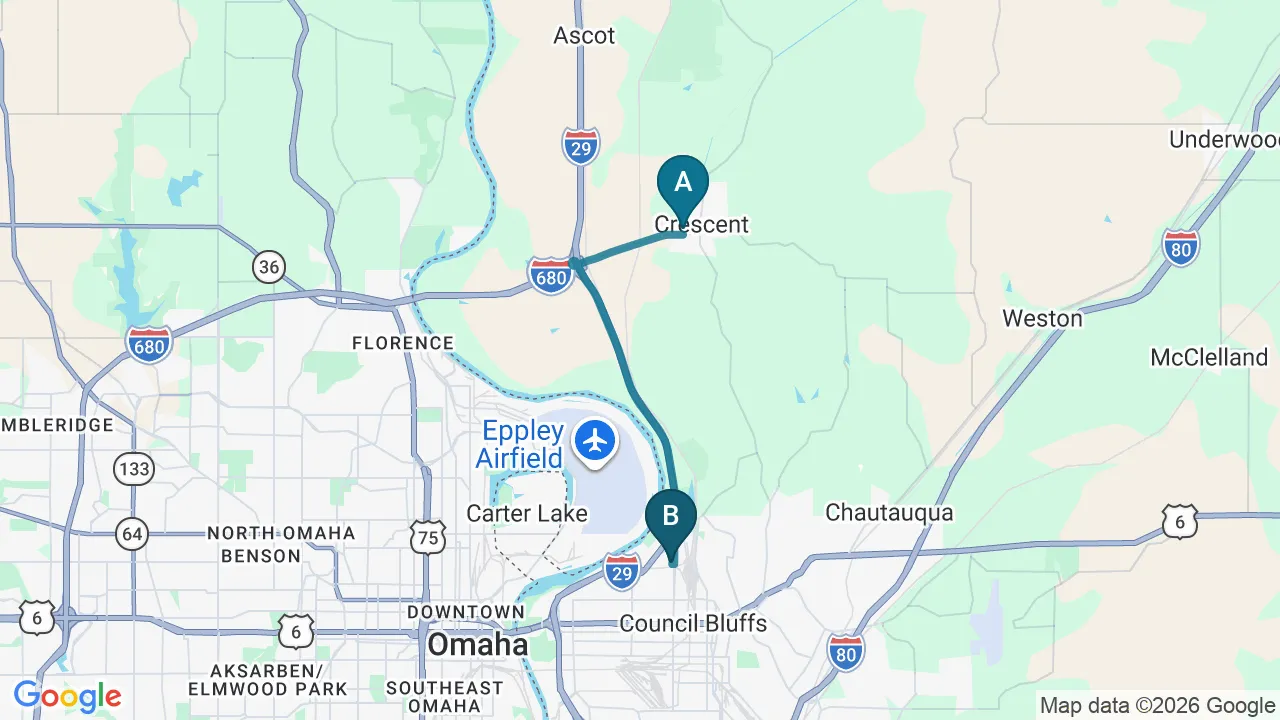 Driving directions map from Crescent, IA to Schanuth Family Chiropractic in Council Bluffs