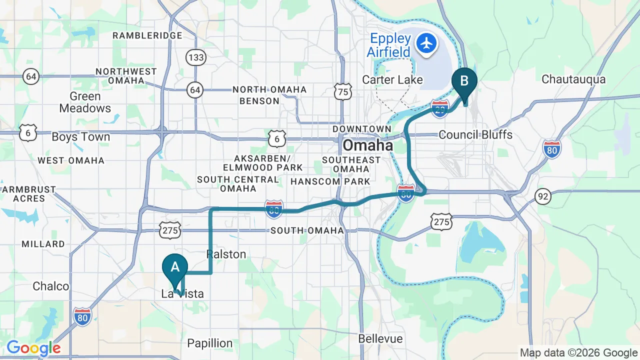 Driving directions map from La Vista, NE to Schanuth Family Chiropractic in Council Bluffs
