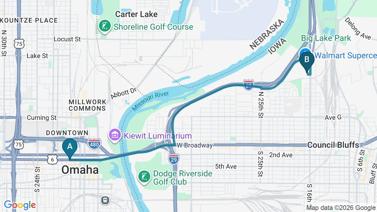 Driving directions map from Omaha, NE to Schanuth Family Chiropractic in Council Bluffs