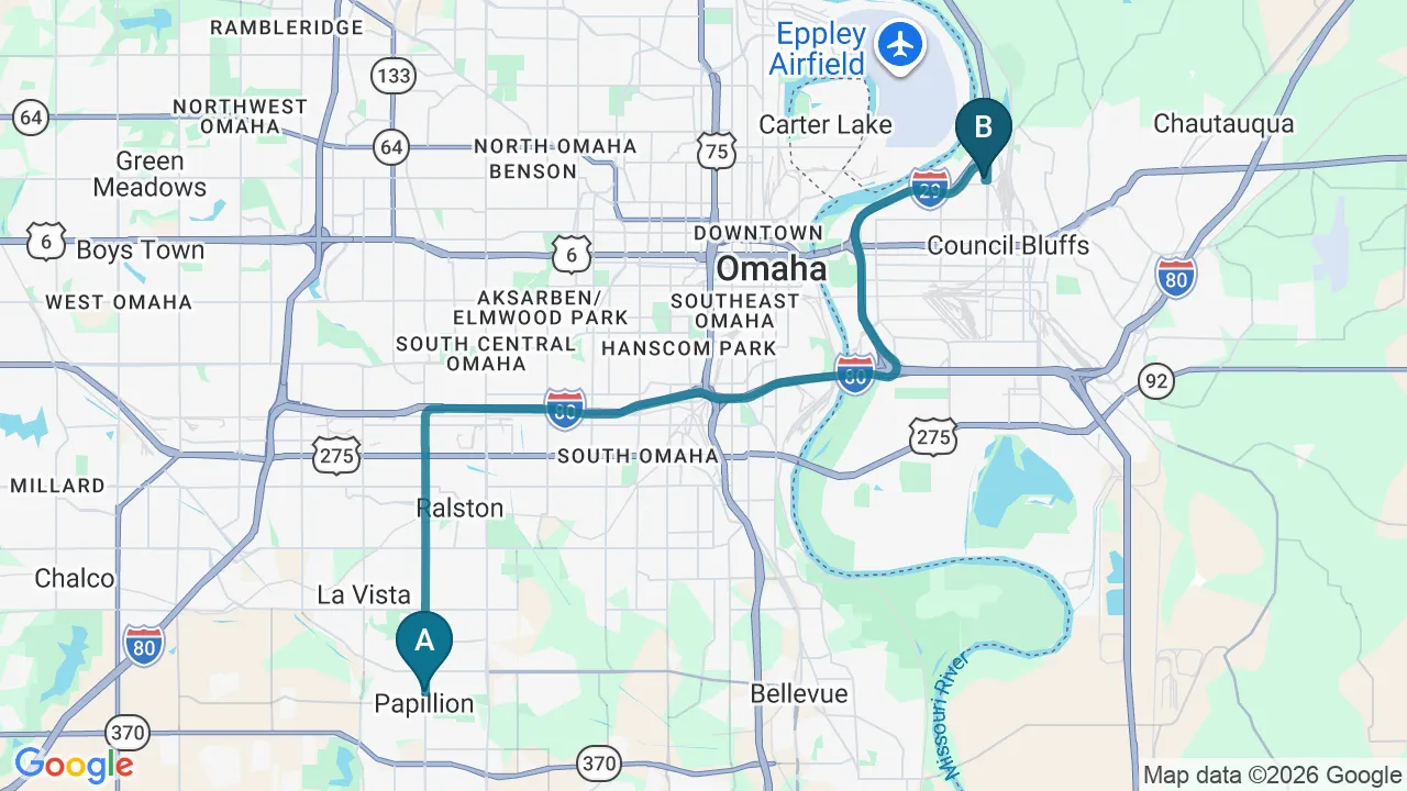 Driving directions map from Papillion, NE to Schanuth Family Chiropractic in Council Bluffs