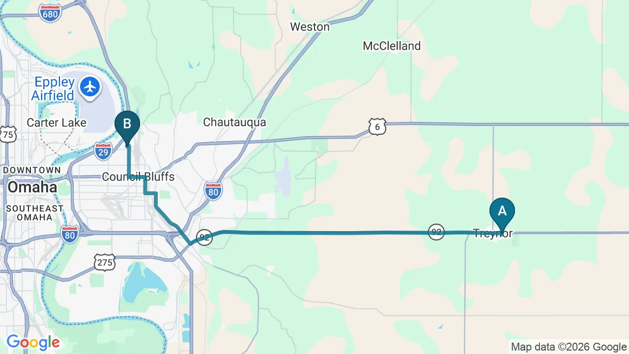 Driving directions map from Treynor, IA to Schanuth Family Chiropractic in Council Bluffs