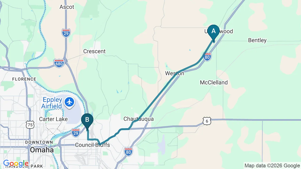 Driving directions map from Underwood, IA to Schanuth Family Chiropractic in Council Bluffs
